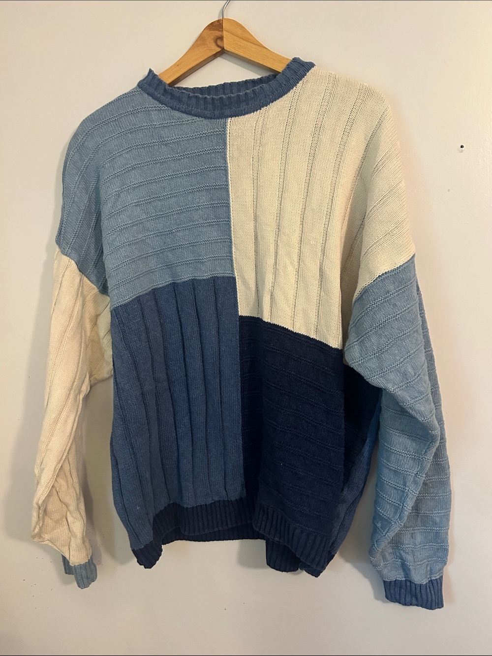 Claiborne Colorblock Crewneck Sweater in Light Blue, Navy & Cream